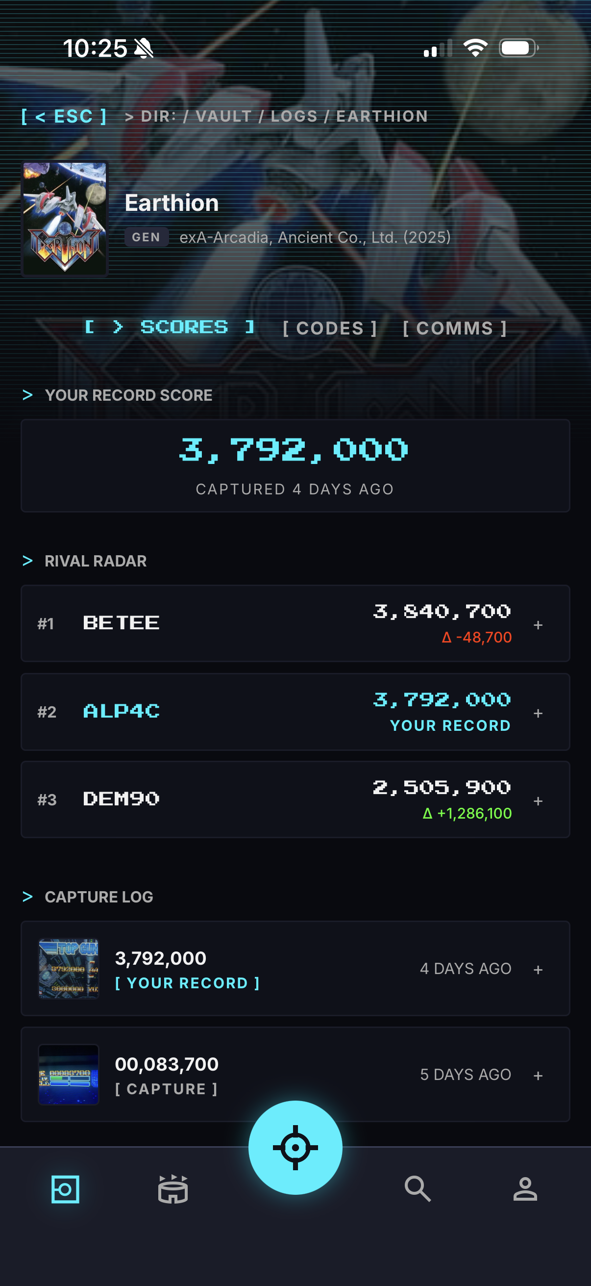 Endscreen mobile app screenshot showing telemetry and bounty-hunting interface