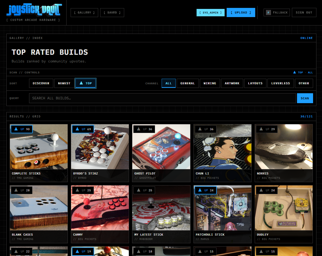 Joystick Vault platform screenshot showing arcade hardware archive interface